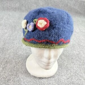 Newari Hat Women Blue Wool Felted Floral Beaded Boho Cottagecore Fairy Handmade